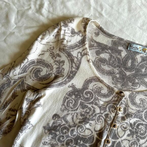Unity World Wear White & Gray Abstract Print Button Front Cardigan Sz M Grunge - Picture 2 of 4
